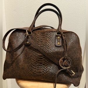 Michael Kors MK Signature Large Satchel – Mocha Snakeskin Embossed Leather